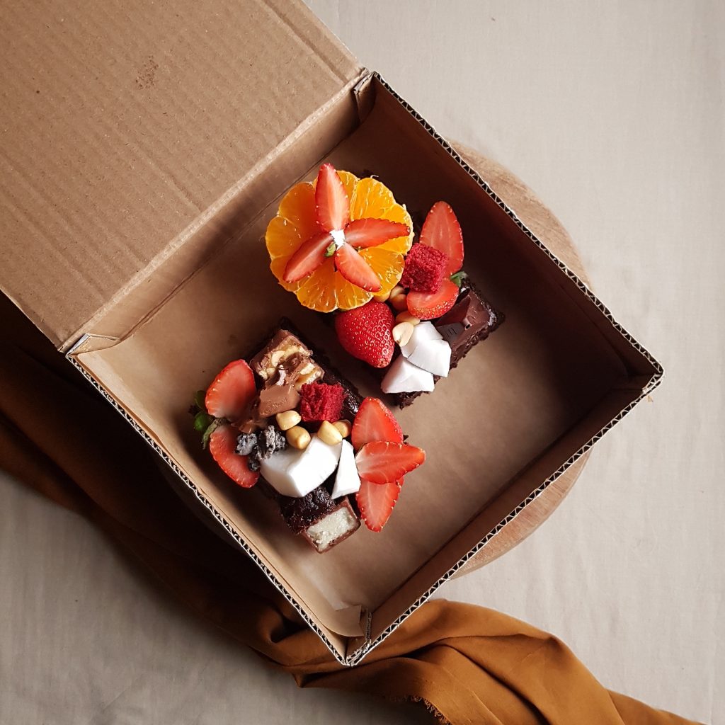 A box of Decadent double chocolate brownies